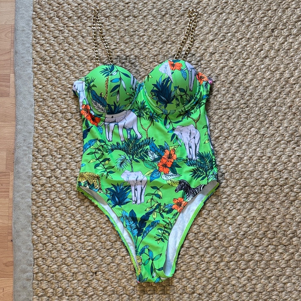SHEIN Neon Green Tropical Animal Print Women’s One-Piece Swimsuit
